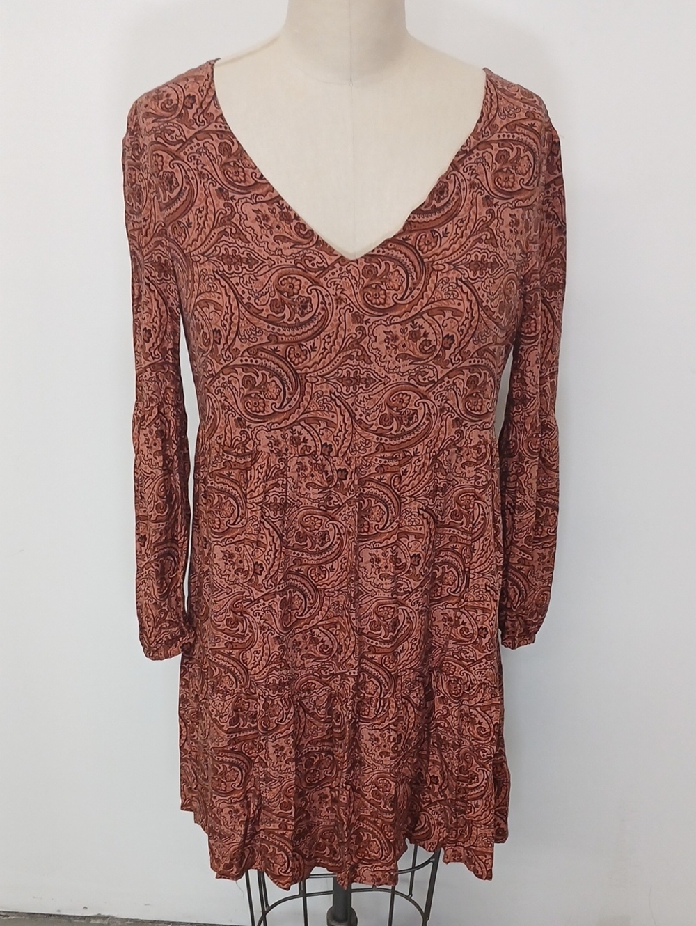 Lucky Brand Womens Paisley V-Neck Tiered Dress - Rust Brown